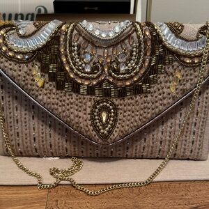 Gold and Cream Embellished Clutch with Rhinestone Accents